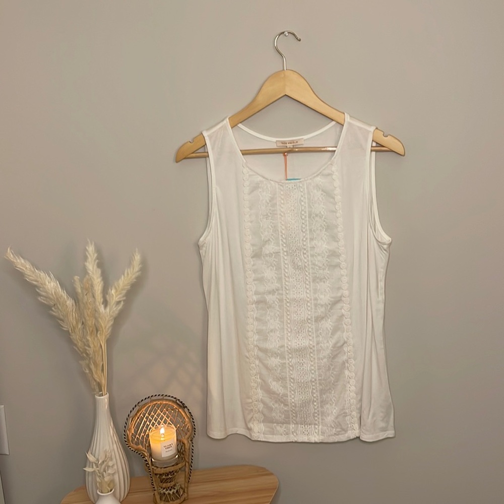 Skies Are Blue Woven Lace Front Knit Tank